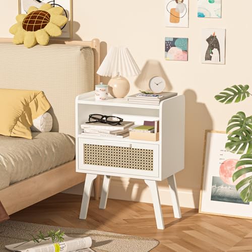 Image of Lerliuo Rattan Nightstands Set of 2, Bedside Table with Drawer Open Shelf | Cane Accent Side End Table with Solid Wood Legs, White Mid Century Night Stand for Bedroom, Dorm and Small Spaces