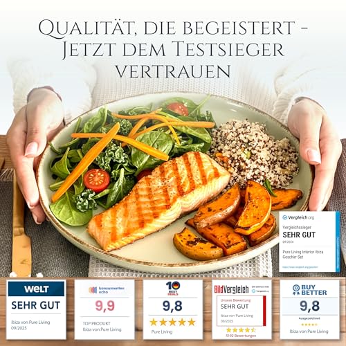 Steingut Geschirrset 6 Personen Rustic 24 tlg. TESTSIEGER, Hochwertiges Landhaussttil Steingut Geschirr Set, Schüssel- und Teller Set, Tafelservice 6 Personen, Geschirrsets Pure Living in Mintgrün