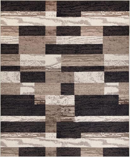 Superior Indoor Area Rug, Plush Carpet Cover, for Kids or Pets, Hallway, Entryway, Living Room, Dining, Bedroom, Office, Kitchen, Modern Geometric Patchwork, Rockwood Collection, 12' x 18', Chocolate
