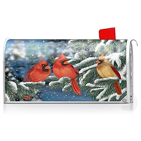 Oasisdream Red Birds Mailbox Covers Magnetic Tree Snow Day Post Letter Box Cover Home Garden Yard Outdoor Decoration Oversize 25.5 X 21 Inch Cover