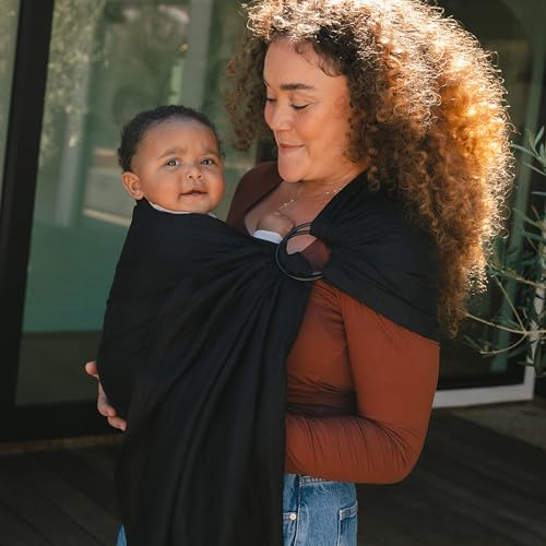 Image of WildBird - Ring Sling Baby Carrier - 0-36 Months (up to 35 lbs) - Standard (74 inch) Raven & Bronze Ring - Front, Hip or Back Carry - Adjustable Fit - Natural Linen - Baby Essentials - New Mom Gifts