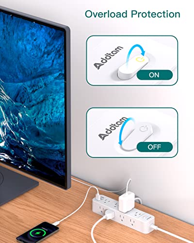 Image of 15ft Surge Protector Power Strip, Flat Plug Extension Cord with 12 Outlets, 3 USB Ports (2 USB C), Long Cord Power Strips with