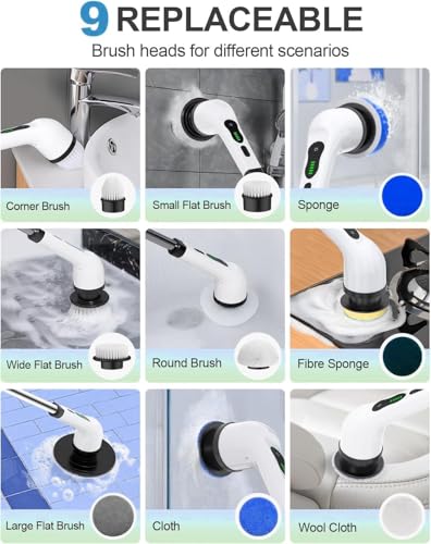 Image of Dealsure Electric Spin Scrubber for Bathroom | 9-in-1 Cordless Electric Spin Scrubber | 9 Brush Heads, Adjustable Speeds, LED Display, Long Handle | Powerful Cleaning Brush for Floor, Tub, Tile, Car