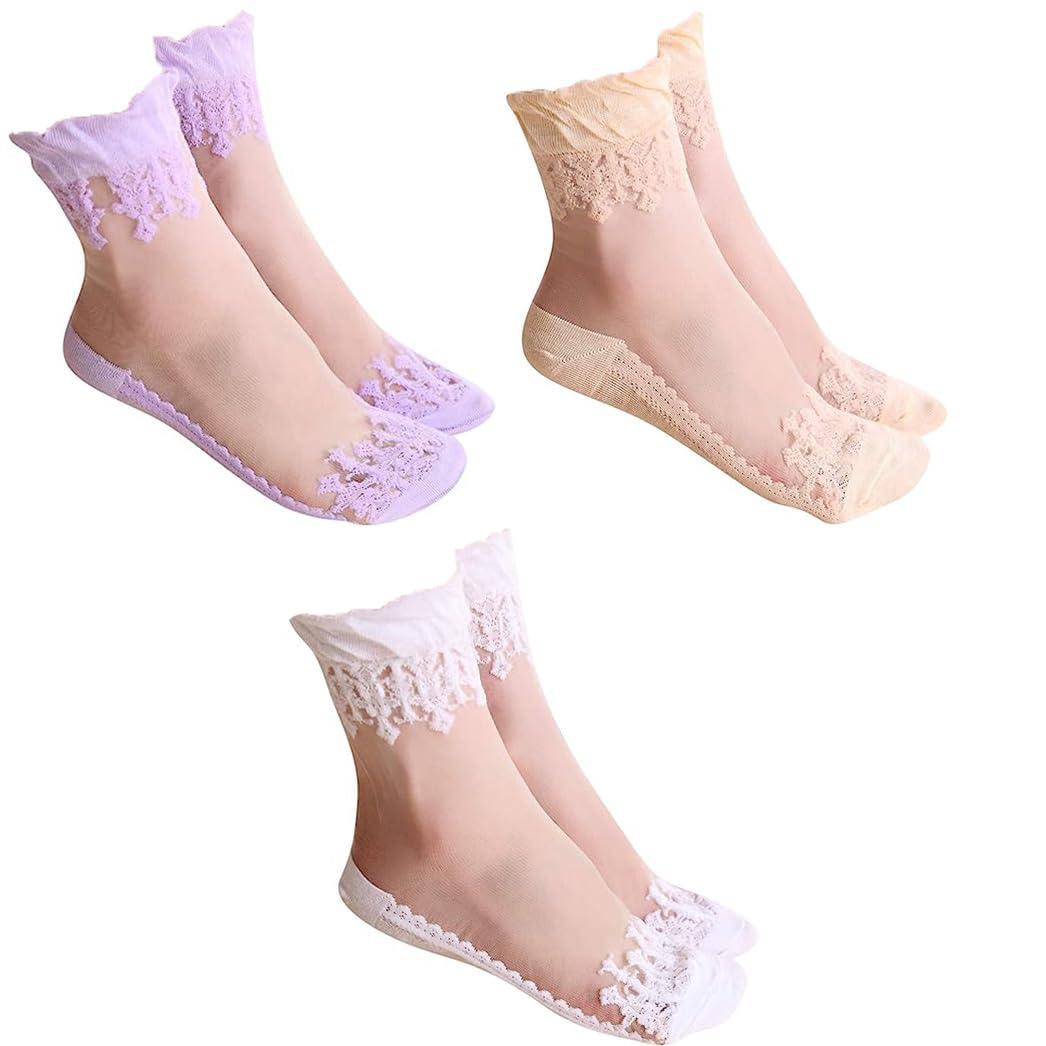 Women Fancy Beautiful Crystal Lace Elastic Socks (Pack of 3 Pairs)-image-3
