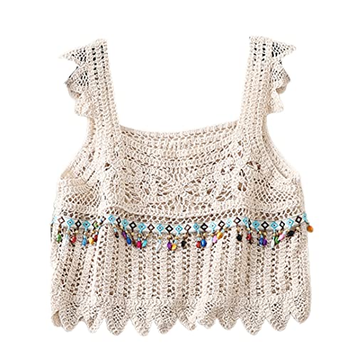 Women Beach Ruffle Sleeveless Crop Top Boho Hollow Crochet Knit Square Neck Camisole Crystal Beaded Tassel Vest2