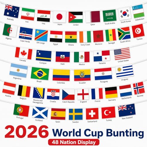 Image of 2026 World Cup Flag Banner, 48 Countries International Bunting, Soccer Tournament National String Pennant for Sports Bar, Club, Home Garden, Party Decorations, Banderas del Mundial (5.5 inch x 8.3 inch-45 ft)