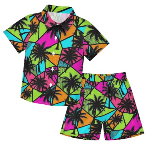UMIRIKO Boys Summer Tropical Style Palm Tree 2 Piece Outfits Hawaiian Shorts Sets Button Down Shirt and Shorts Summer Beach Clothes for 7-8 Years