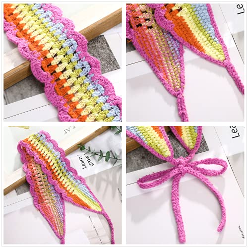 Crochet Headband Women Floral Hairband - 3Pcs Daisy Floral Elastic Handmade Crochet Head Wrap Bohemian Knit Headband For Women And Girls(Rainbow+Beige+Dark Coffee) #TOP2