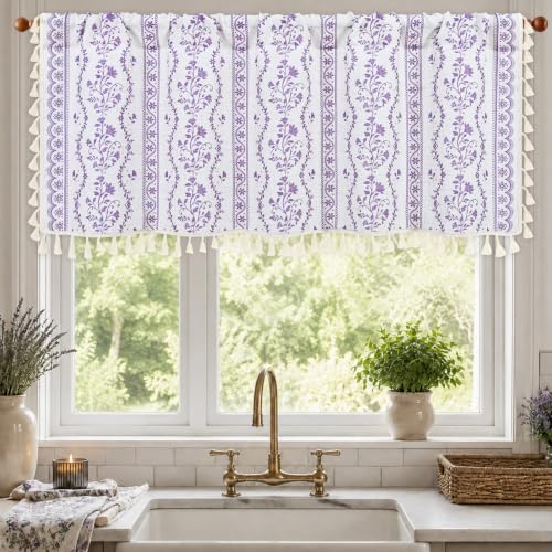 Image of Yinhua Boho Valance Curtains Vintage Linen Kitchen Valances for Windows Light Filtering Bohemian Floral Valance Rod Pocket Tassel Window Valances for Bathroom Cafe, 52 inch W X 18 inch L, White Purple