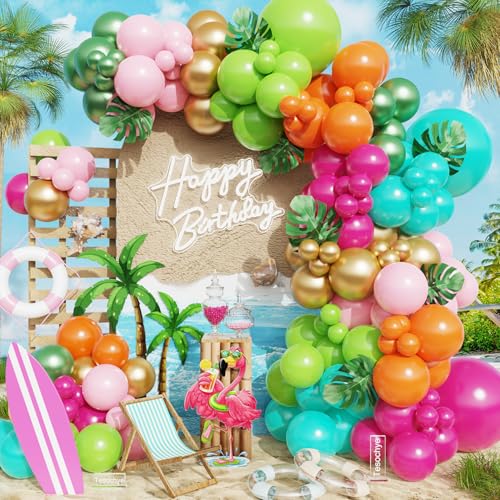 Image of Flamingo Hawaiian Tropical Balloon Garland Arch Kit,161 Pcs Fruit Green and Hot Pink Aqua Blue Orange Gold Balloons for Hawaii Summer Beach Pool Luau Birthday Baby Shower Party Decorations