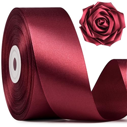 Image of Mauproy 1-1 /2 Inch Wide Dark Red Satin Ribbon, 50 Yards Solid Polyester Fabric Ribbon for Roses Making, Gift Wrapping, Flower Bouquets, Wedding Decorations, Handmade Crafts