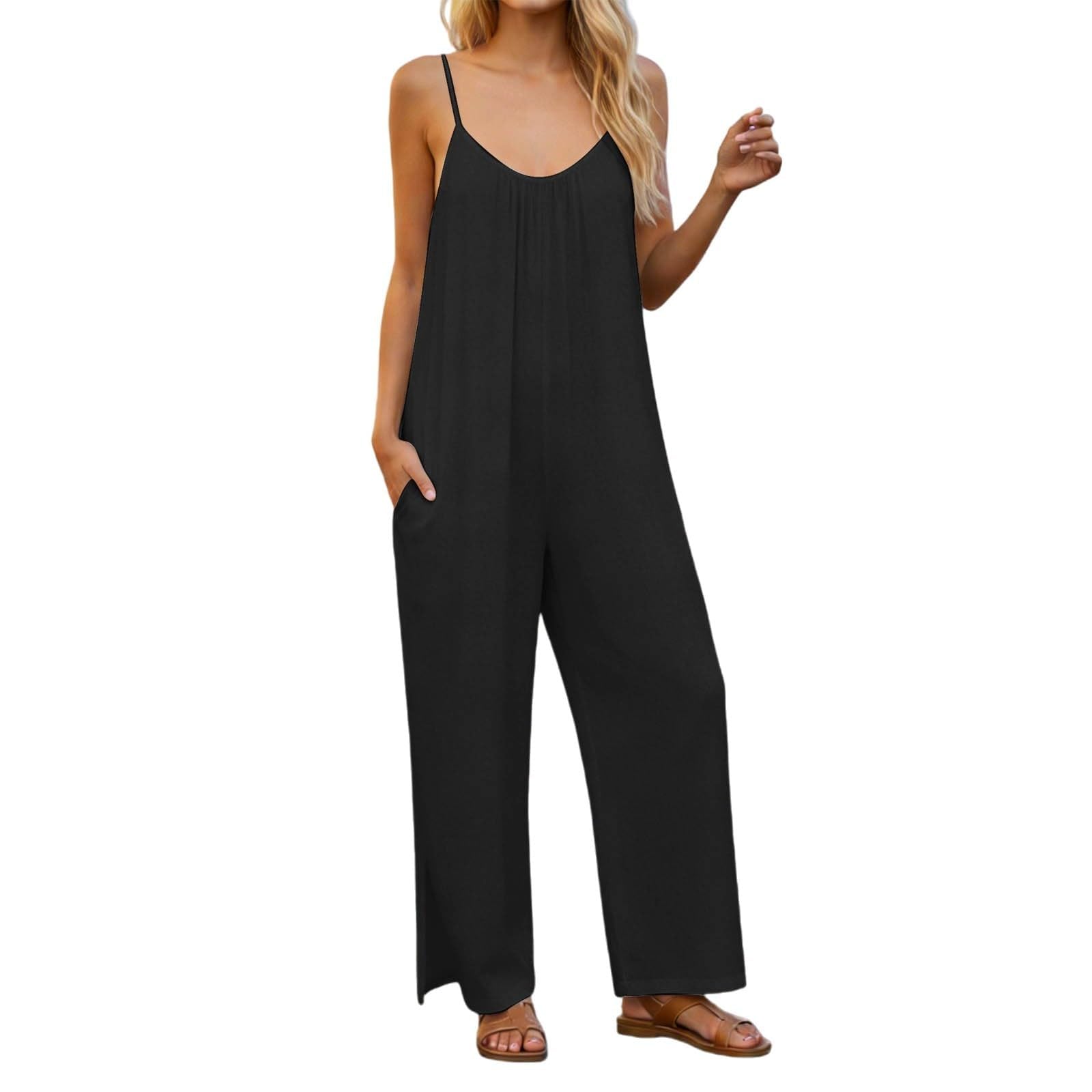 Salopette Pour Femme D'été Combinaison Longue Baggy Sans Manches Bretelles Fines Coupe Ample Pantalon Extensible Avec Grandes Poches Fluide De Travail Décontractée Jumpsuit Loose Top Playsuit