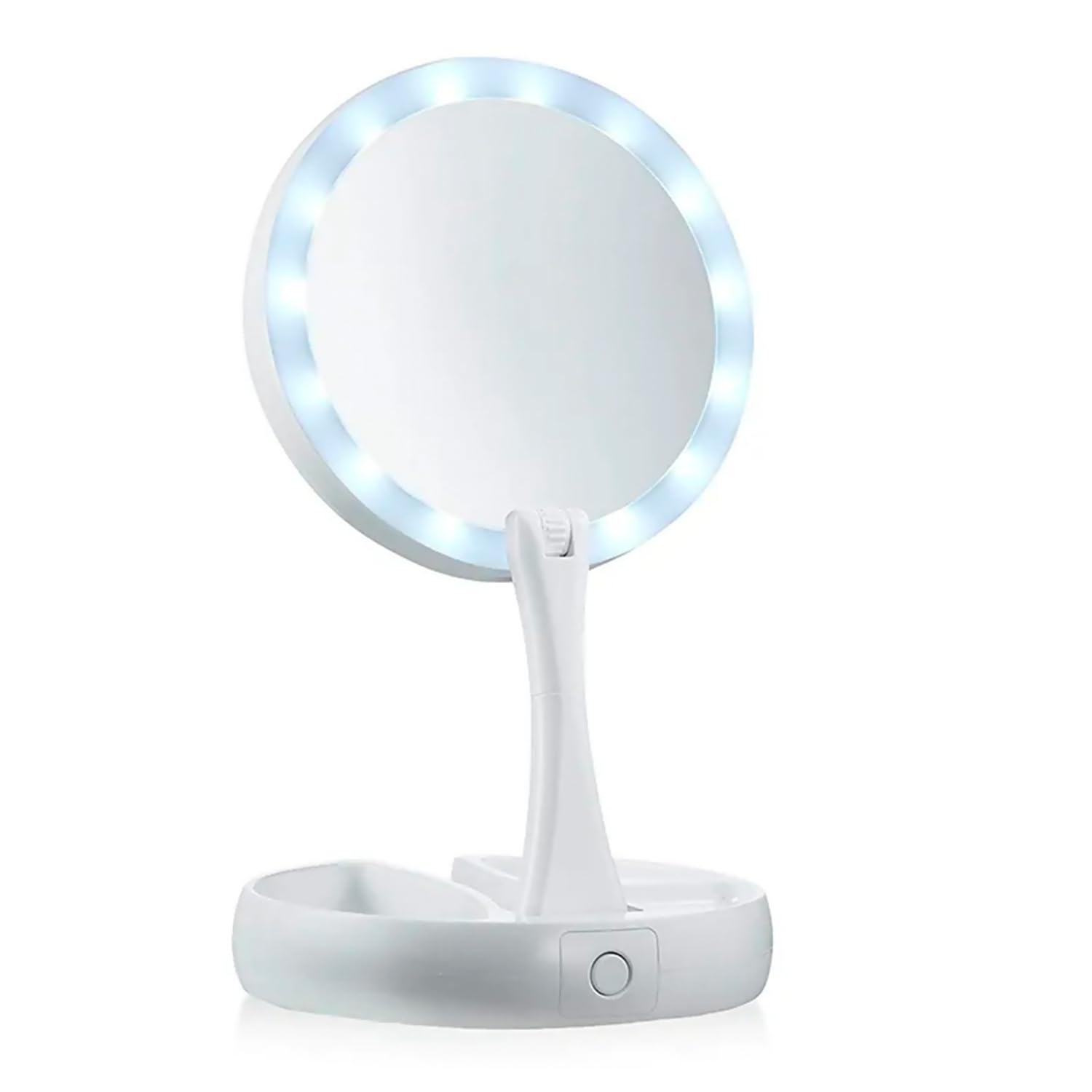 Espejo Maquillaje con Luz LED, Aumento 1X/10X, Espejo Cósmetico de Sobremesa [Plegable y Giratorio], Espejo de Baño Ligero y Compacto para Viajar, Funciona con Pilas y USB [Base para Accesorios]