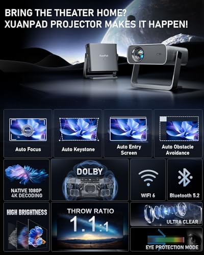 Image of [Officially-Licensed App & Auto Focus]Light Grey Smart Mini Projector with WiFi and Bluetooth, XuanPad 4K Support Movie Projector, Portable Native 1080P Outdoor Projector with 360 Stand