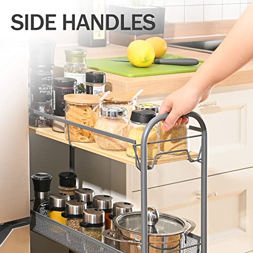 kingrack 4-Tier Slim Rolling Cart with Wooden Tabletop, Easy Assemble Mobile Storage Trolley On Wheels,Slide Out Utility Cart Shelving Units for Narrow Space on Kitchen Bathroom Laundry Room,Grey - Image 3