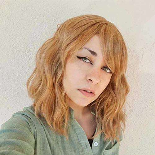 Soku Strawberry Blonde Wigs With Bangs Synthetic 14" Medium Length Bob Curly Pastel Wigs For Women Short Bob Wavy Hair Wigs Blonde Braided Wigs For Girls Cosplay Christmas Gift #TOP5