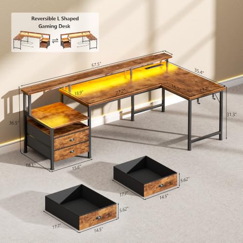 Image of Korfile 57'' L Shaped Computer Desk with Storage Drawers, Power Outlet, LED