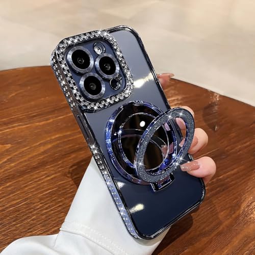 Coque support magnétique iPhone 14 Pro Max miroir pailleté bleu