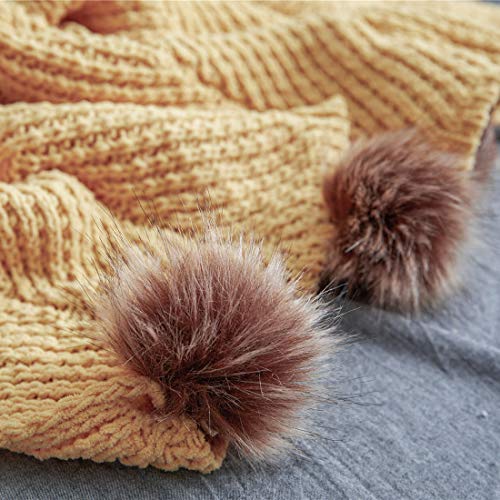 vctops Fur Pom Pom Knit Throw Blanket Super Soft Warm Cozy Cable Knitted Blanket for Sofa and Couch 51 x 63 Inch Mustard Yellow by vctops - Image 5