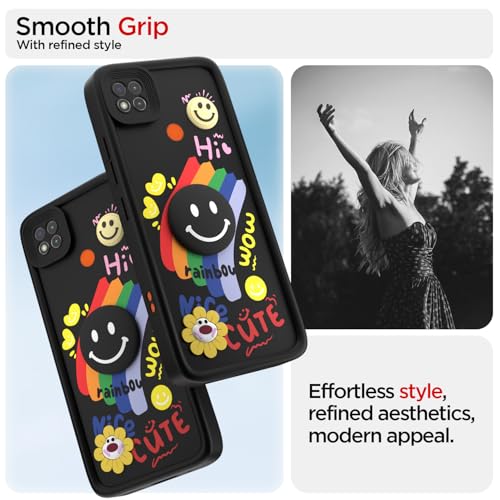 Image of Pikkme Back Cover for Mi Redmi 10A / Redmi 9 / Redmi 9C / 9 Activ /Poco C31 | Soft Silicone| Cute Rainbow Smile & 3D Cartoon Flower Design | Shockproof Raised Camera Protection Bumper Case (Black)