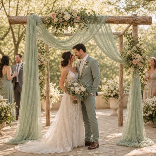 Image of HunnmingRe 2 Panel Sage Green Wedding Arch Draping Fabric Summer 30 inch X 18 FT Lace Wedding Arch Drapery Embroidered Boho Rustic Backdrop Vintage Decor for Bridal Shower Church Ceremony Decoration