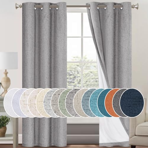 Image of PrinceDeco 100% Blackout Curtains 84 inches Long for Bedroom Dining Room Soundproof Window Treatment Drapes with White Liner Noise Reducing Linen 84 Inch Blackout Curtains,Light Grey,42 x 84 Inch