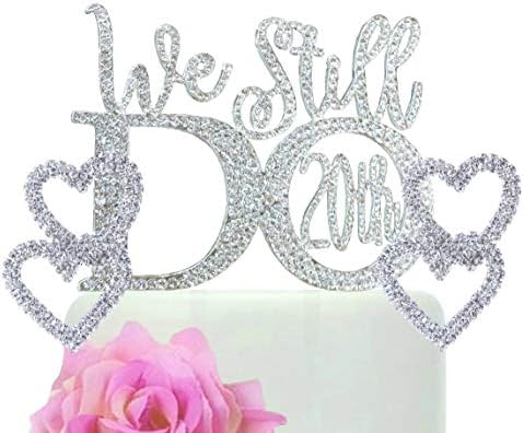 "20th" Anniversary cake topper - Monogram silver rhinestone silhouette w/crystals "We Still Do 20th" with 2 separate silver hearts wedding party cake topper