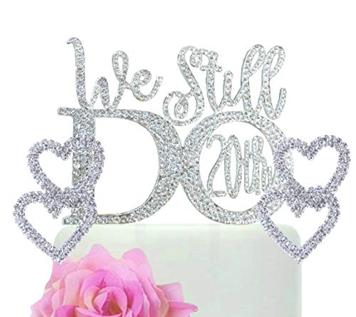 "20Th" Anniversary Cake Topper - Monogram Silver Rhinestone Silhouette W/Crystals "We Still Do 20Th" With 2 Separate Silver Hearts Wedding Party Cake Topper #TOP2