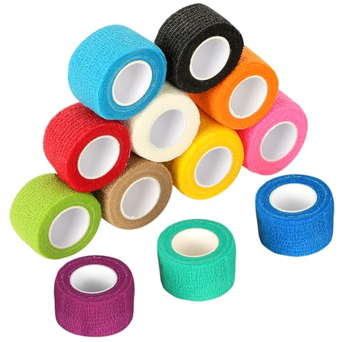 YSWOVUO 12 Rollen Selbstklebender Verband 2,5cm x 4,5m, Haftbandage Selbstklebend, Vliesstoff Selbsthaftende Bandage, Elastischer Binden Verband für Stretch Sportler, Handgelenk, Knöchel, Pet