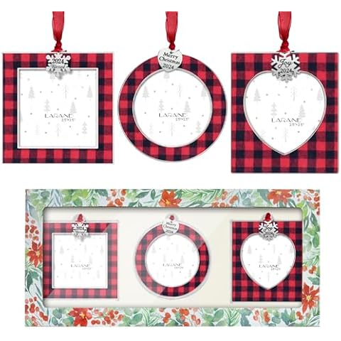 Laraine Christmas Tree Ornaments 3 Pieces – Decorative Hanging 2024 Plaid Pendant with 2.5” Picture Frame Insert for Baby and Pet Holiday Keepsake Gift (Plaid-Red&Black (2024)) Cover
