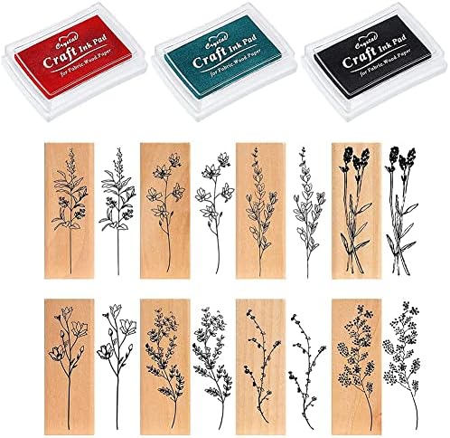QENETY Rubber Flower Stamp, 8 Pack Wooden Stamps Flowers with 3 Colors ink Pads, Wooden Rubber Stamp Set for Crafting, Card Scrapbooking DIY Craft Diary
