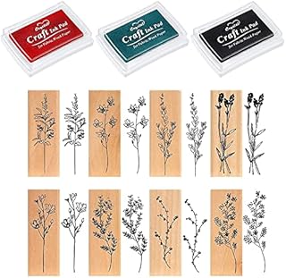 QENETY Rubber Flower Stamp, 8 Pack Wooden Stamps Flowers with 3 Colors ink Pads, Wooden Rubber Stamp Set for Crafting, Card Scrapbooking DIY Craft Diary