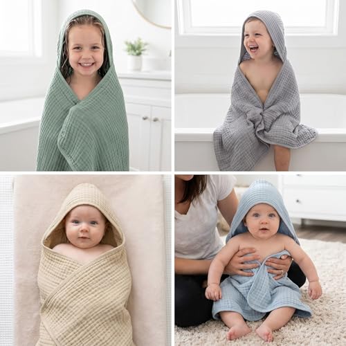 Image of Peryiter 4 Pcs Muslin Hooded Baby Towels, 32 inchx 32 inch Cotton Newborn Bath Towel Muslin Infant Baby Blankets Absorbent Unisex Newborn Registry Gift Essentials for Girls Boys (Green,Gray,Brown,Blue)