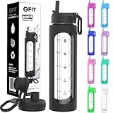 FIT Strong & Healthy 32 oz Glass Water Bottle with Time Marker & Silicone Sleeve - w/Handle & 2 Leakproof Lids Straw & Spout Lid, Wide Mouth, BPA Free 1 Liter Motivational Drinking Bottle, Black