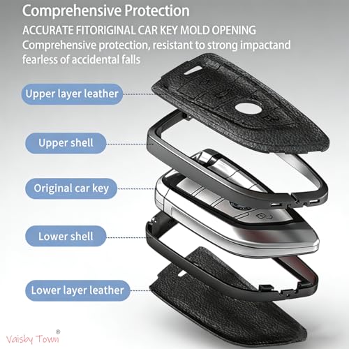 Image of Car Key Fob Shell Cover Compatible with BMW | for 2 3 5 6 7 8 Series X1 X2 X3 X4 X5 X6 X7 Z4,Metal Case Protection with Premium Leather(Black)