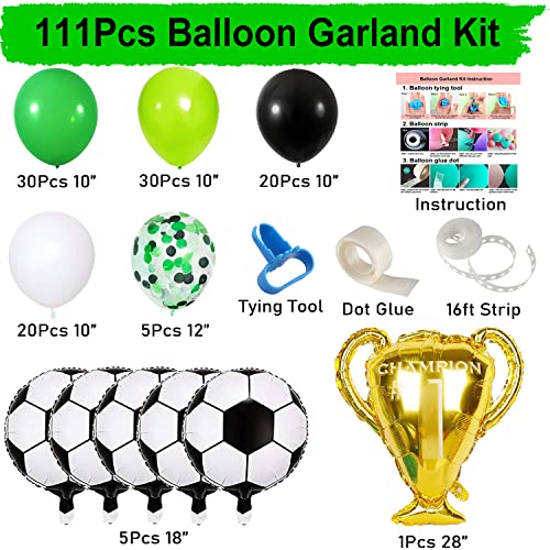 Soccer Party Balloon Garland Arch Kit, 111 Pcs Green White Black Confetti Balloons With Soccer Champion Cup Mylar Foil Balloons For Soccer Theme Party Decorations #TOP1