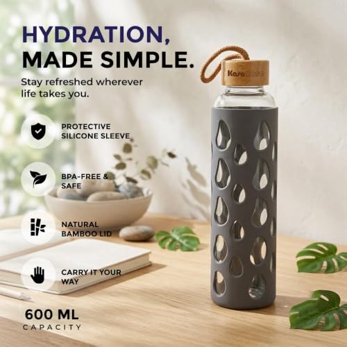 Image of Borosilicate Glass Water Bottle 500 ml | Leakproof Bamboo Lid & Silicone Sleeve | BPA Free Reusable Drinking Bottle for Office, Gym, Travel & Daily Use