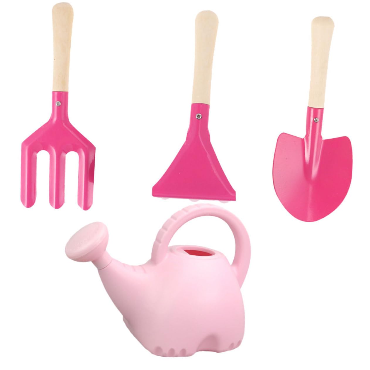 KICHOUSE 4Pcs Garden Watering Can and Shovel Pink Cartoon Flower Design with Handle Planting Tools for Boys and Fun Gardening Accessories