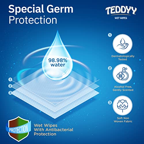 Image of Teddyy Soft Cleansing Baby Wet Wipes with Lid | 144 Wipes | Special Germ Protection | Anti - Rash | Enriched With Aloe Vera and Vitamin E | 72 Wipes x 2 Packs