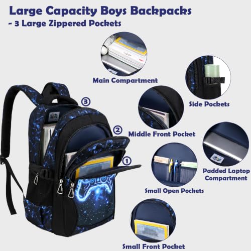 Kimwadalh School Backpack for Boys, 3PCS Gamepad Backpacks with Lunch Bag & Pencil Case, Large Capacity Boys School Bookbags for Primary Middle High Kids - image 4