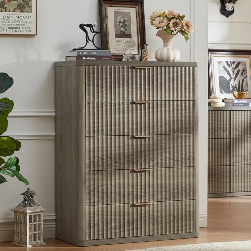 Image of LEYAOYAO Fluted 5 Drawers Dresser Set of 2, 41 inch Tall Modern Chest of Drawers with Metal Handle, Curved Profile Dresser TV Stand, Wooden Drawer Organizer for Bedroom, Living Room, Hallway,Grey
