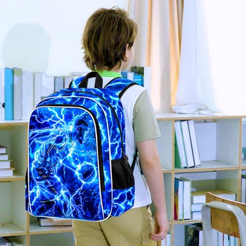 Image of 3Pcs Basketball Backpack for School, Kids Boys Lightning Bookbag with Lunch Box, 17 inch Backpacks for Elementary Preschool Kindergarten (Blue)