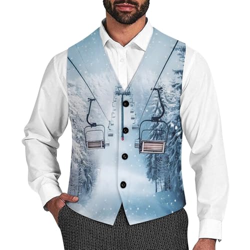 Winter Snowy Ski Skiing Lift Forests Mens Slim Fit Suit Vest Dress Waistcoat Casual Business Vest