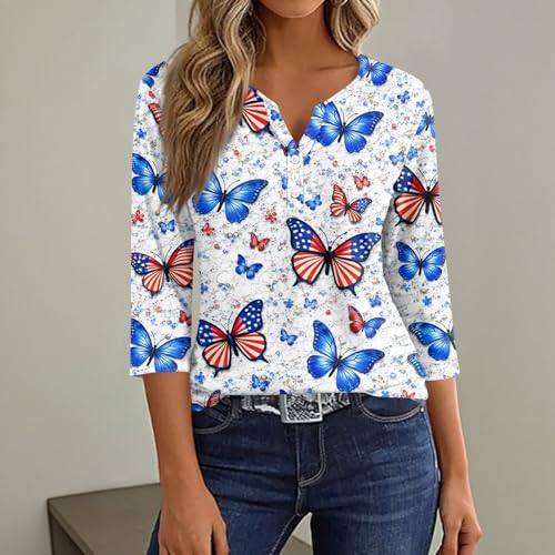 Image of 4th of July Shirts Women 3 /4 Length Sleeve Womens Tops Henley Neck Casual Patriotic T Shirts