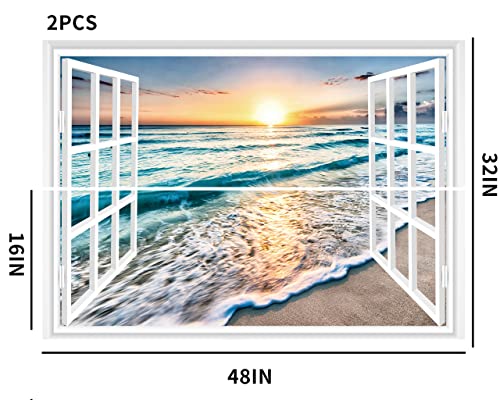 Flfk Fake Window Wall Sticker - Sunset Beach Faux Window Wall Mural For Wall Decor, Stick And Peel Wall Decals,48"X32",Set Of 2 Sheets #TOP1