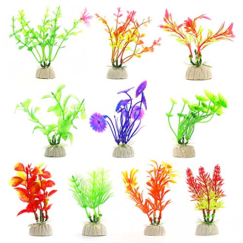 COMSUN 10 Pack Artificial Aquarium Plants, Small Size 4 to 4.5 inch Approximate Height Fish Tank Decorations Home Plastic Assorted Color