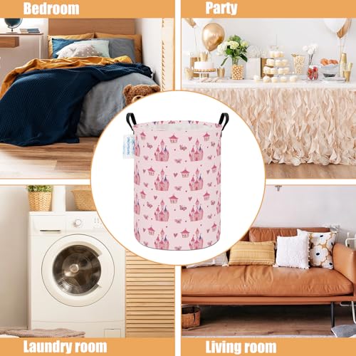 Image of Round Laundry Basket Collapsible Storage Hamper Pink Castle | Waterproof Canvas Foldable Baskets with sturdy Handles Multi-scene Organizer for Home Play Bedroom Gift Bin