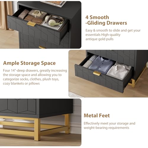 GAOMON Black Dresser, 4 Drawer Dresser for Bedroom, Wood Chest of Drawers, Modern Dressers with Gold Metal Handles for Living Room, Hallway, Entryway