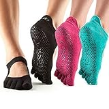 Toesox Bellarina Full Toe Multi Pack - Grip Non-Slip Toe Socks for Pilates, Barre, Yoga, Ballet, Medium, Black, Rasberry & Aqua - 3 Pack