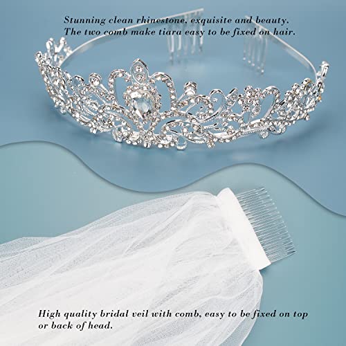 Didder Tiara and Lace Bridal Veil, Crown Wedding Veils and Headpieces for Women, White Veils for Brides Tiaras for Women Bachelorette Veil Ribbon Edge With Comb for Wedding Party - Thumbnail 3